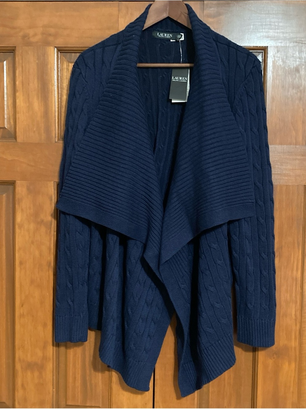 NWT Lauren Ralph Lauren Navy Cable-Knit Draped Shawl linen cotton Cardigan large